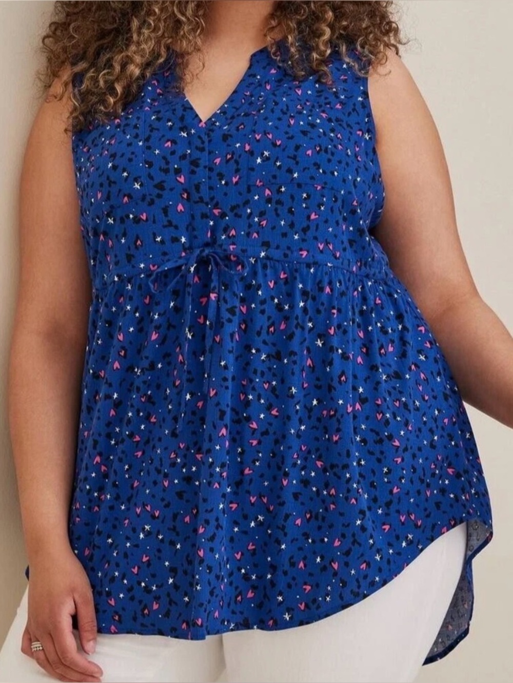 torrid Royal Blue Sleeveless V-Neck Tunic with Pink & Black Print